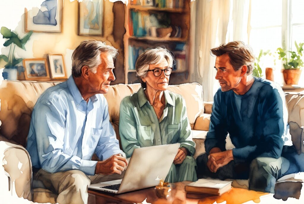 Older parents and adult child discussing asset protection and long-term care options on laptop in cozy living room