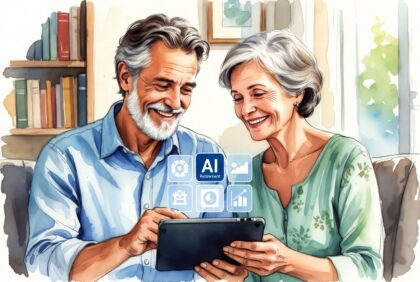 Happy mature couple using tablet to explore AI retirement planning tools at home