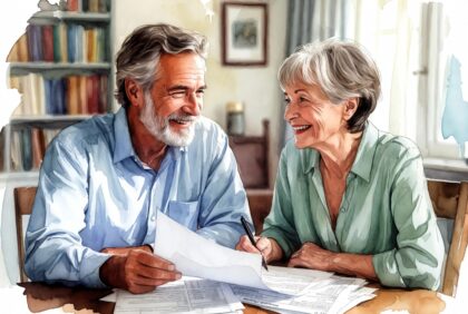 Happy mature couple reviewing simple estate planning checklist together at home table