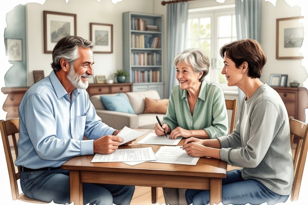 Older family (parents and adult child) discussing estate documents calmly in living room setting