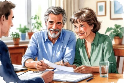 Mature couple calmly reviewing Medicaid and long-term care planning documents with advisor at home table