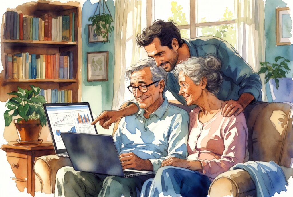 Older parents and adult child reviewing digital assets and longevity plan on laptop in cozy living room