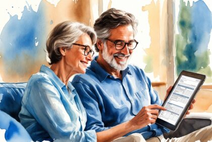 Happy mature couple reviewing Roth conversion options and tax brackets on tablet at home