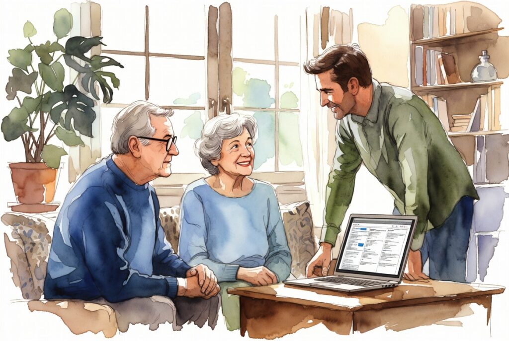 Older parents and adult child discussing Roth IRA legacy benefits on laptop in cozy living room