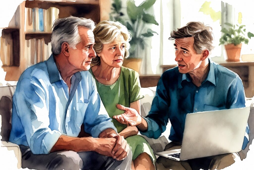 Older parents and adult child discussing retirement surprises and cash flow protection on laptop in cozy living room