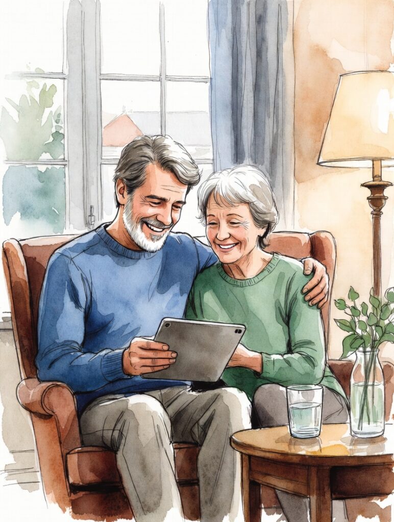 Happy mature couple reviewing retirement income options on tablet at home