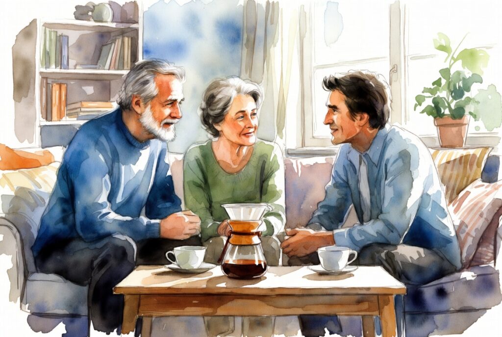 Older parents and adult child discussing pour-over will and trust benefits in cozy living room
