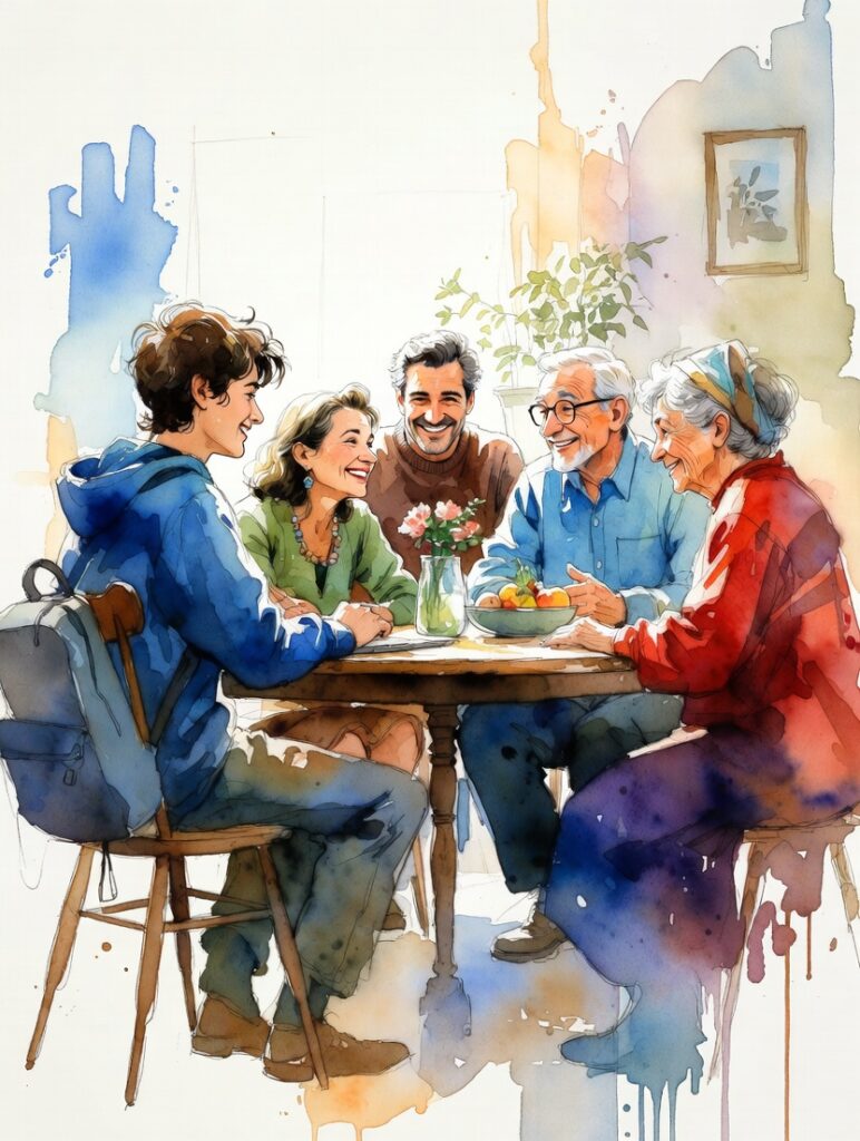 Multi-generational family (grandparents, parents, Gen Z adult) happily discussing legacy and values at home table