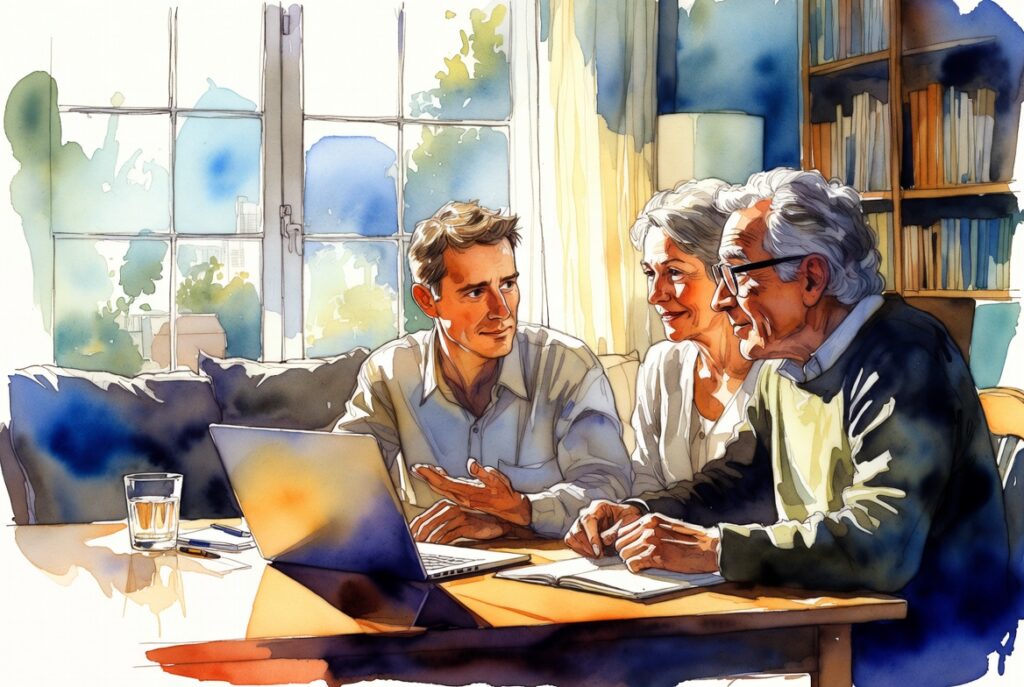 Older parents and adult child discussing in-plan annuities and cash flow on laptop in cozy living room