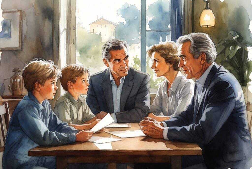 Multi-generational family discussing estate planning legacy inspired by U.S. presidents at home table