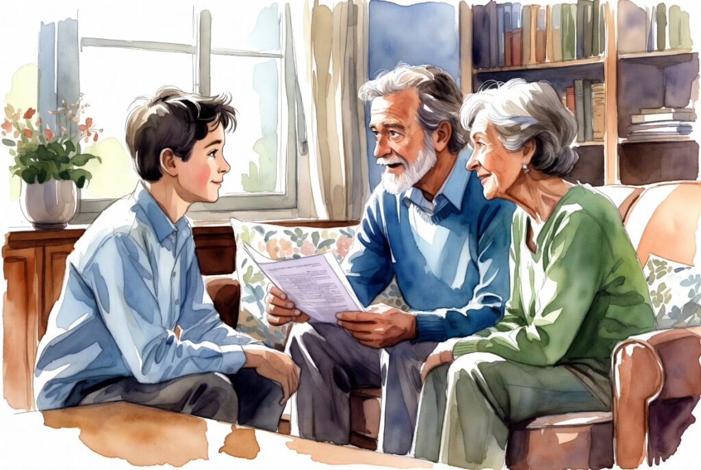 Older parents and adult child discussing how to avoid probate and protect assets in cozy living room