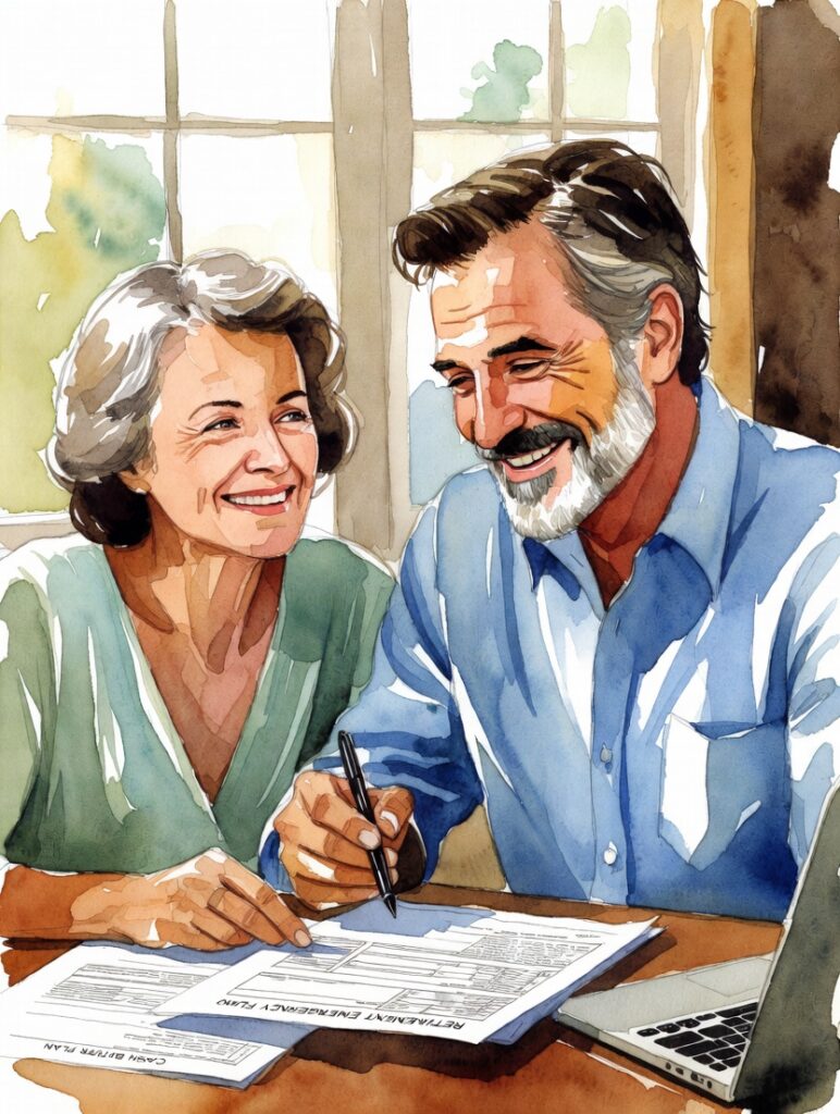 Happy mature couple reviewing retirement emergency fund and cash buffer plan at home table