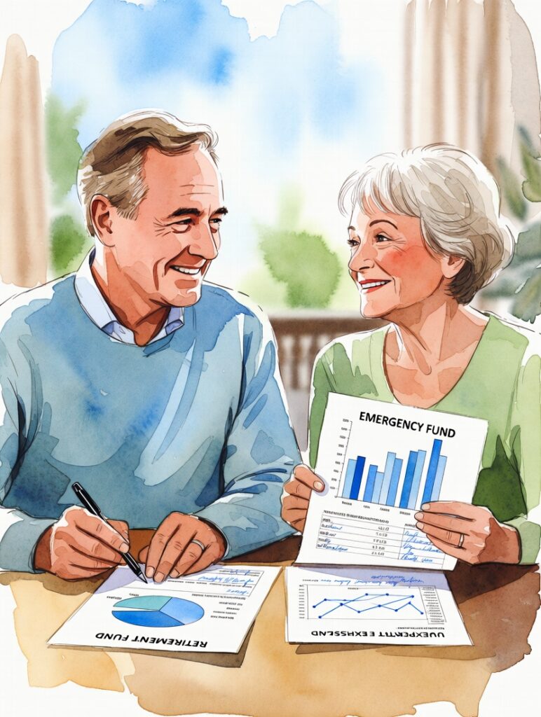 Happy mature couple reviewing retirement emergency fund and unexpected expense plan at home table
