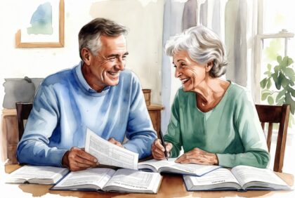 Happy mature couple reviewing probate avoidance options and trust documents at home table