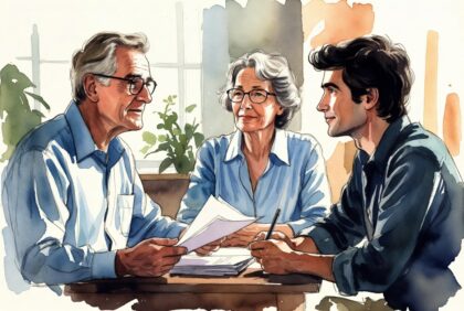 Grandparents teaching young adult Gen Z heir about charitable giving and trust documents in cozy setting
