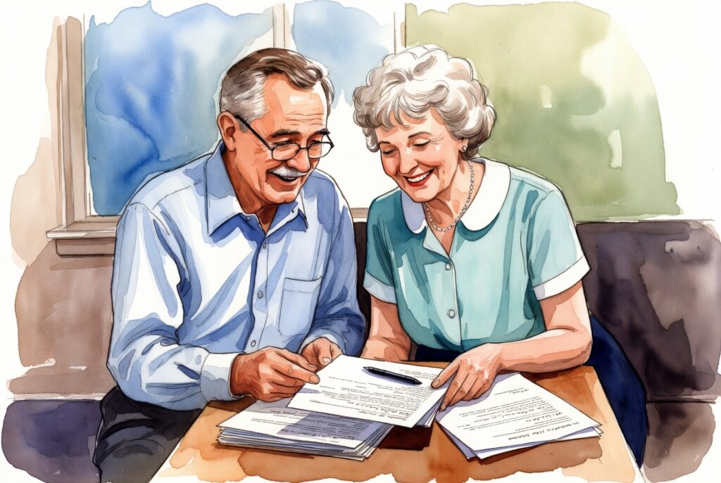 Happy mature couple reviewing will and trust documents together at home table