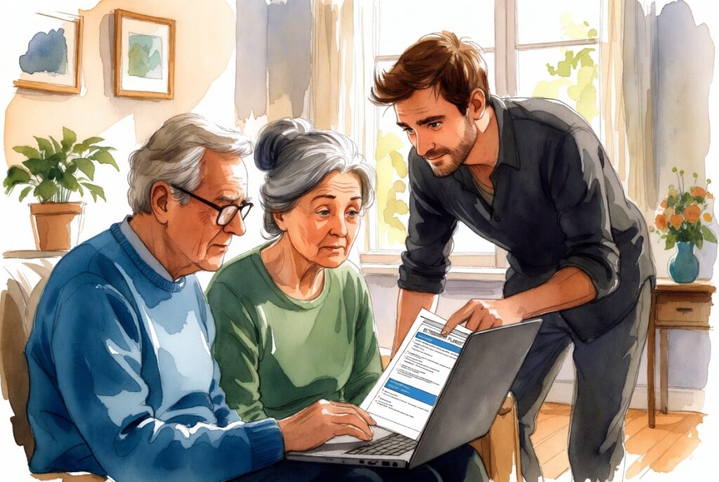 Older parents and adult child discussing retirement surprises and emergency fund on laptop in cozy living room