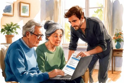 Older parents and adult child discussing retirement surprises and emergency fund on laptop in cozy living room