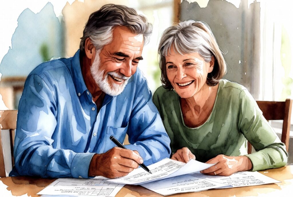 Happy mature couple reviewing mortgage payoff options and retirement budget at home table