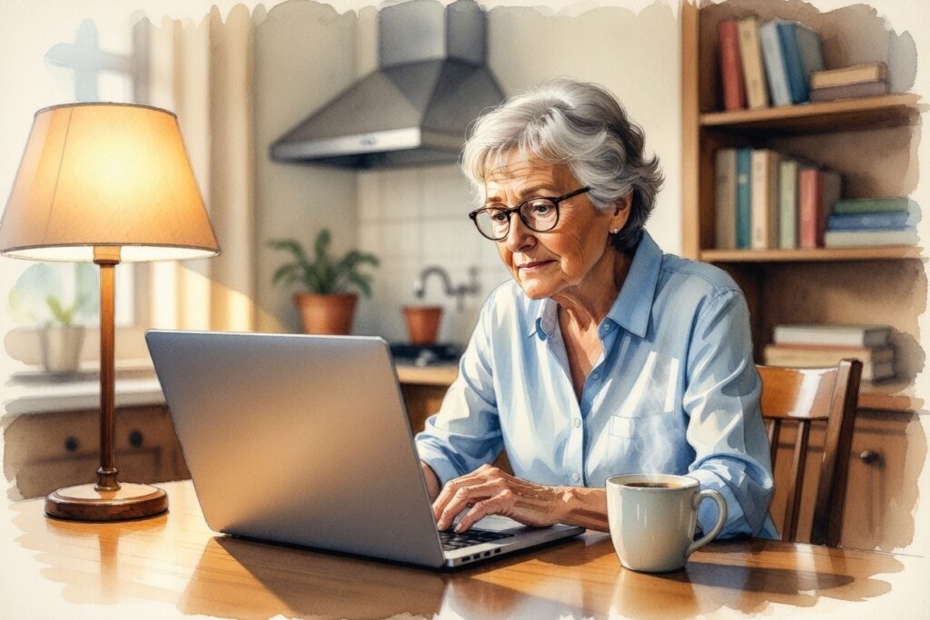 Retiree thinking through Social Security claiming decision at desk