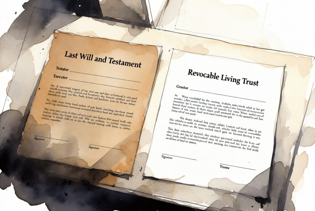 Two documents side by side: Last Will and Testament and Revocable Living Trust