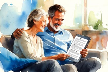 Happy mature couple reviewing RMD rules and retirement withdrawal plan on tablet at home