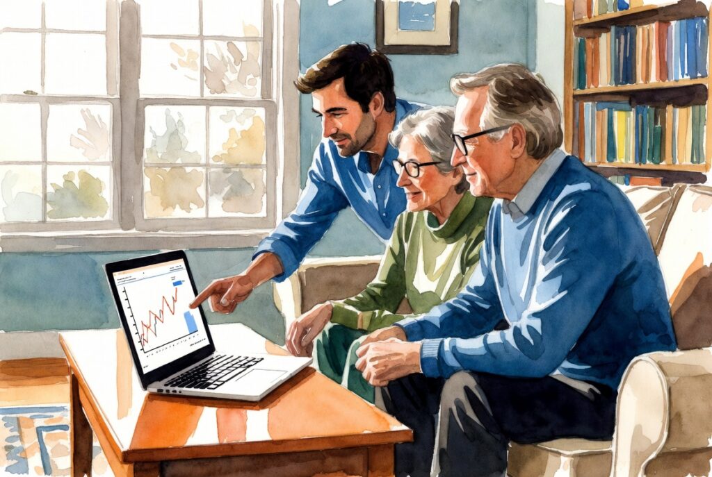 Older parents and adult child discussing RMD strategies and Roth legacy benefits on laptop in cozy living room