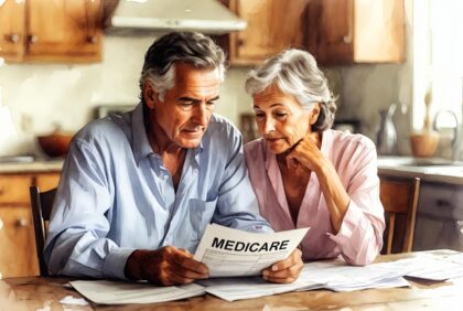 Mature couple reviewing Medicare documents at kitchen table, 2026