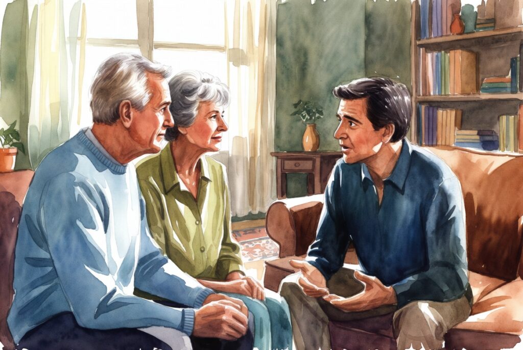 Older parents and adult child discussing will vs beneficiary designations and legacy protection in cozy living room