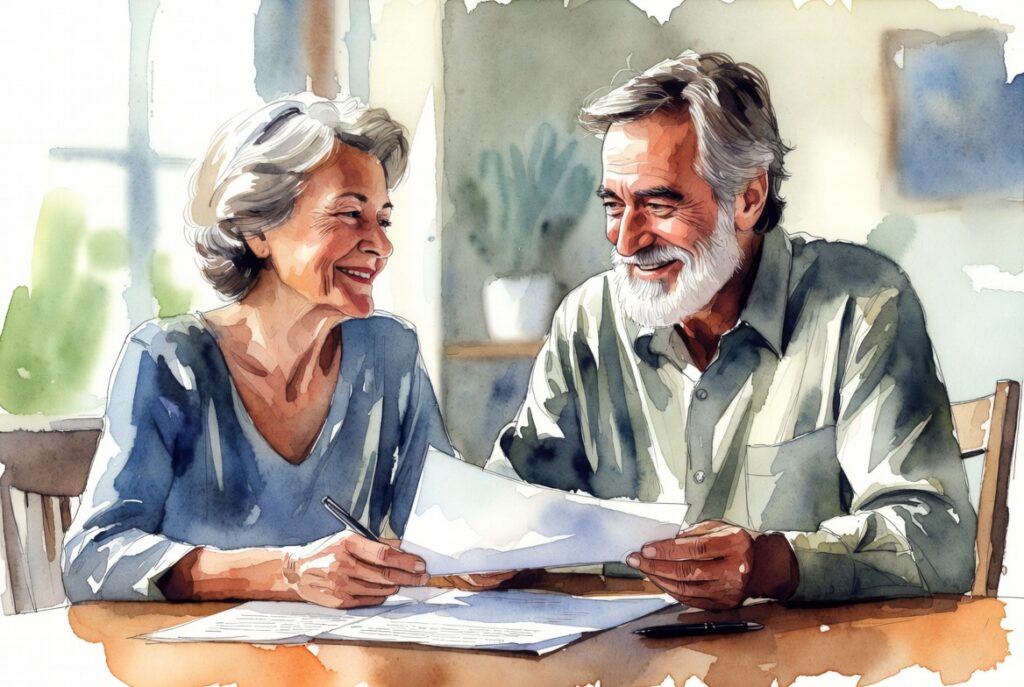Happy mature couple reviewing will and beneficiary designations together at home table