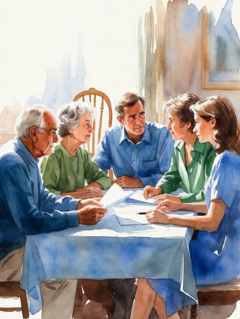 Multi-generational family discussing what happens without a will and intestate risks at home table