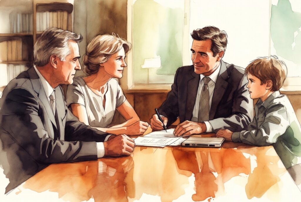 Family sitting with estate planning attorney reviewing estate planning documents