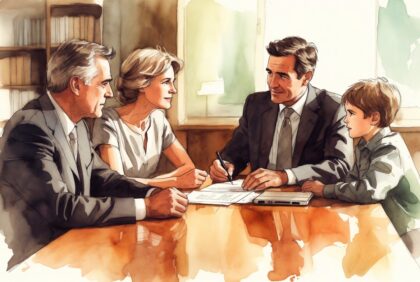 Family sitting with estate planning attorney reviewing estate planning documents