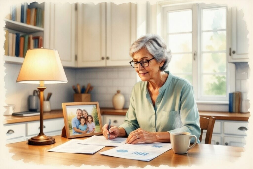 Older woman reviewing estate planning documents thoughtfully at desk