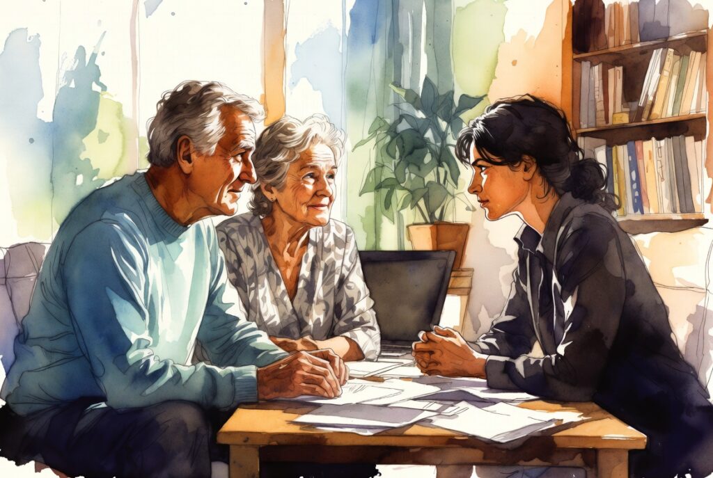 Older parents and adult child discussing mortgage strategy and asset protection in cozy living room