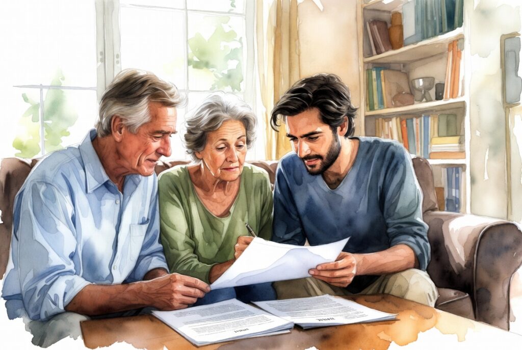 Older parents and adult child reviewing will and intestacy options in cozy living room