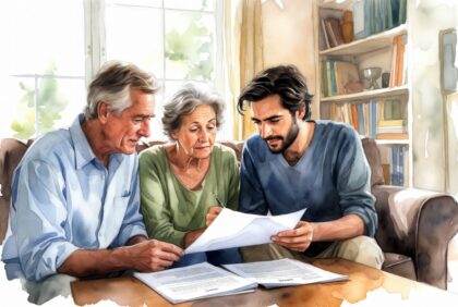 Older parents and adult child reviewing will and intestacy options in cozy living room