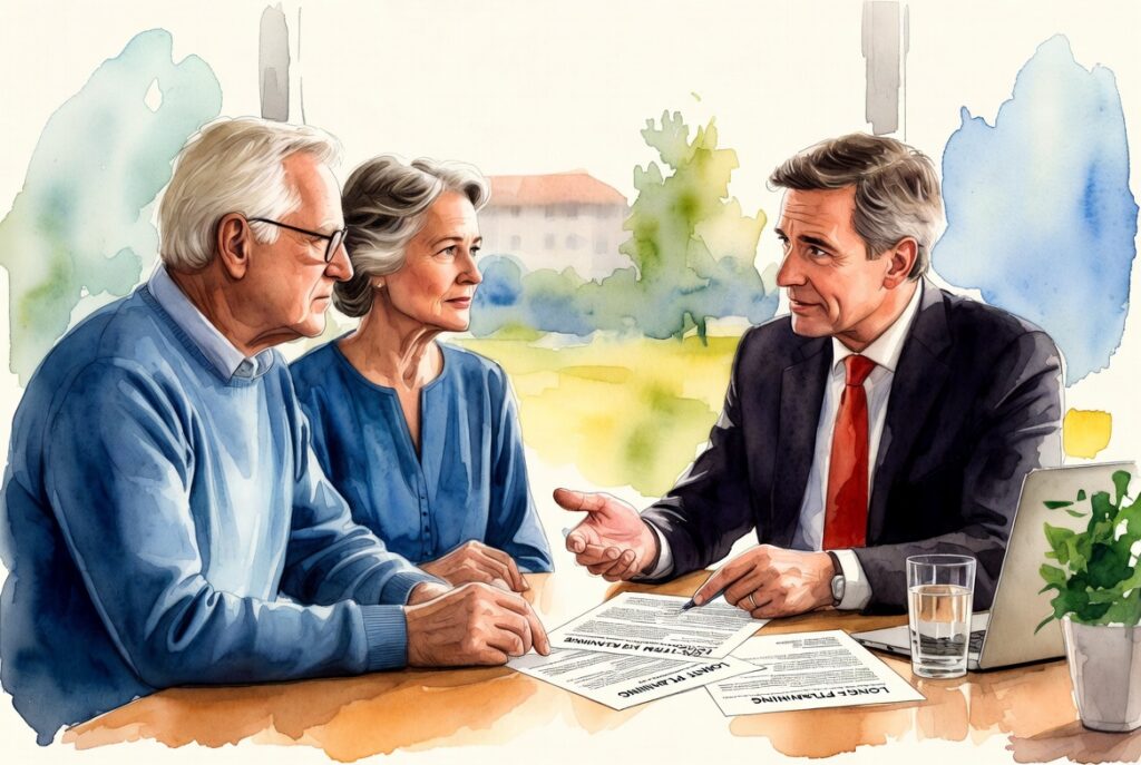Senior couple reviewing long-term care costs with estate planning attorney