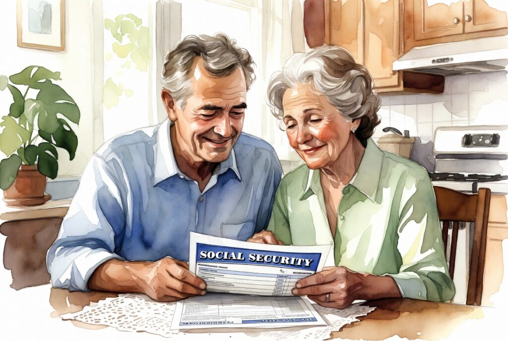 Retired couple reviewing their Social Security Spousal Benefit statement together, 202
