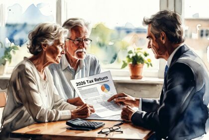 Senior couple reviewing their new senior tax deduction and return with a financial advisor, 2026