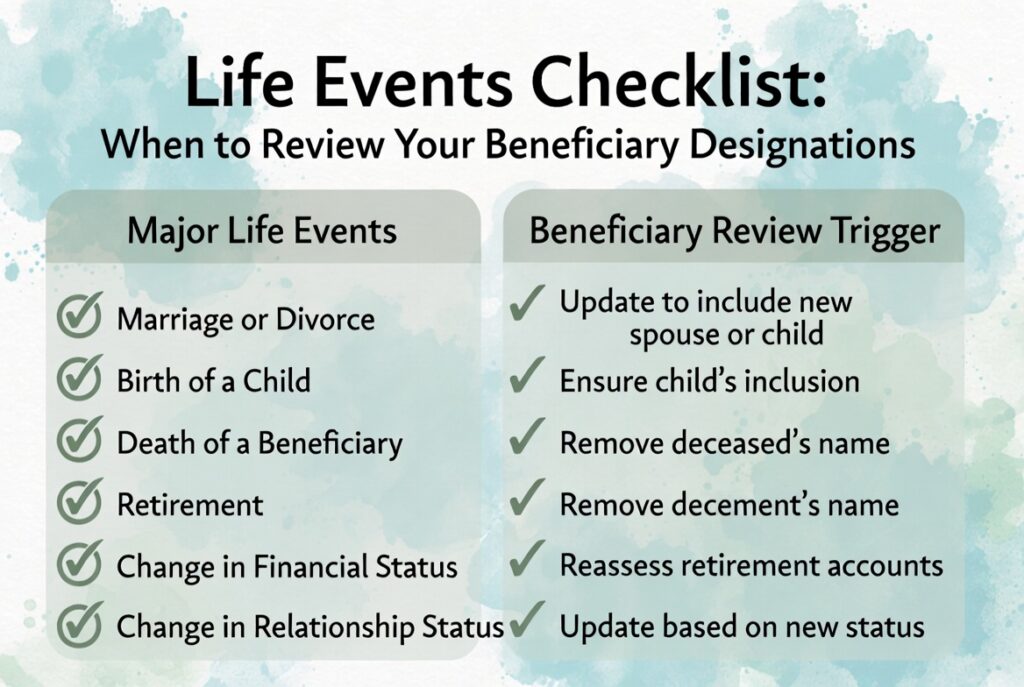 Checklist showing the key life events that should trigger a beneficiary designation review