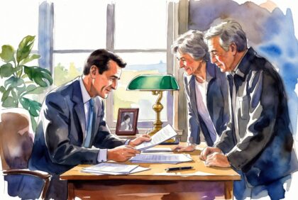 Attorney reviewing irrevocable trust documents with a couple at a law firm, 2026