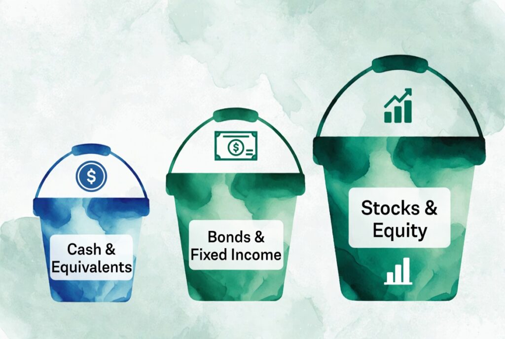 Diagram showing the three-bucket retirement strategy for managing sequence of returns risk